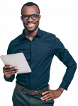 Man with tablet computer smiling at camera
